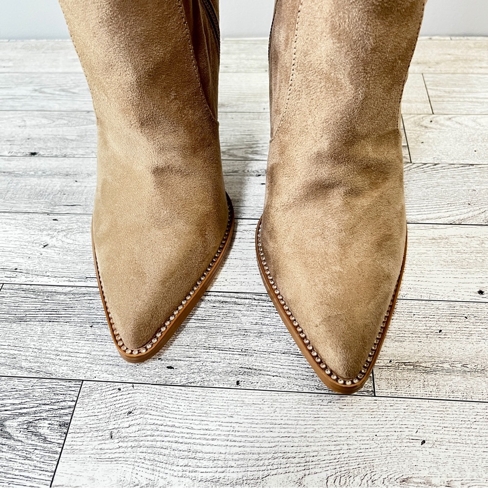 Slouchy Pointed-Toe High Heel Knee Boots - Tan - Picture 3 of 12